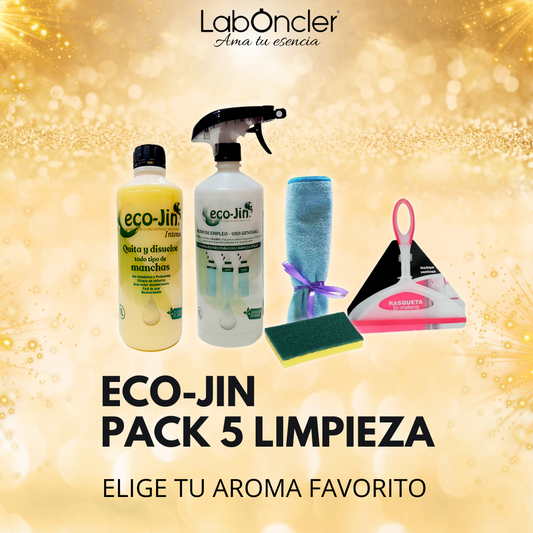 PACK 5 Limpieza ECOJIN+DIFUSOR+RASQUETA LIMPIA CRISTALES+BAYETA MICROFIBRA+ESTROPAJO CON ESPONJA