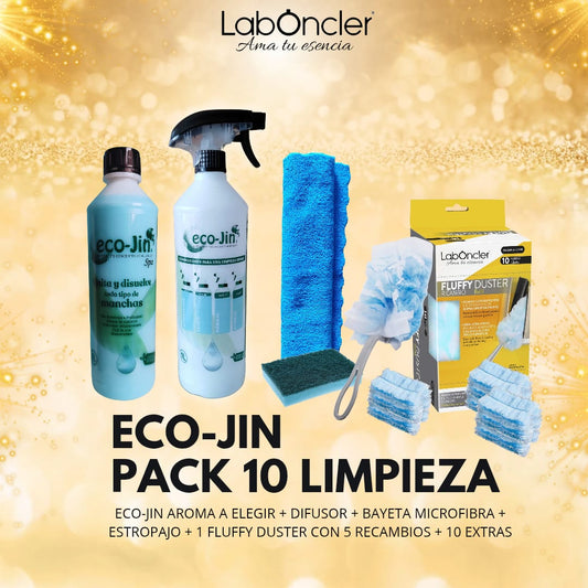 PACK 10 LIMPIEZA ECO-JIN A ELEGIR+DIFUSOR+PLUMERO FUFFLY+10 RECAMBIOS EXTRAS FUFFLY+BAYETA MICROFIBRA+ESTROPAJO CON ESPONJA
